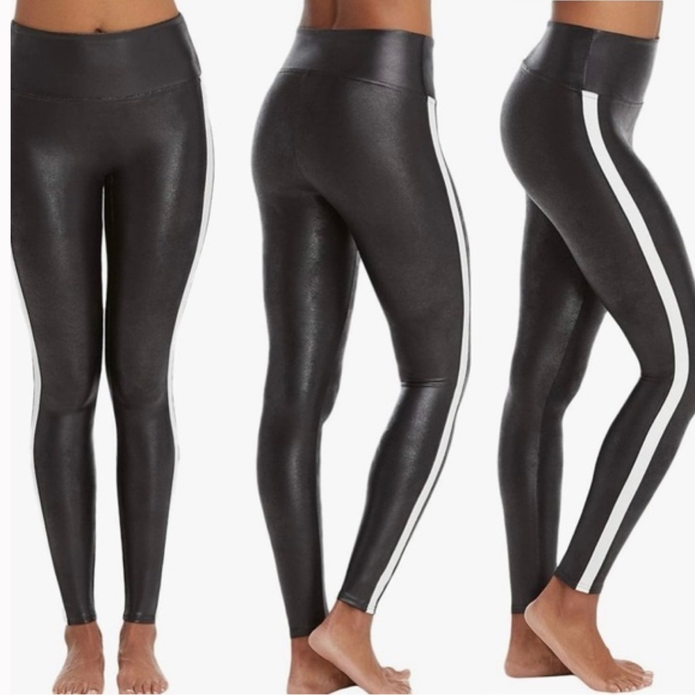 Spanx Faux Leather Black White Side Stripe Pull On Leggings Size XS
